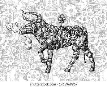 Mechanischer Stier. Handgezeichnetes, Vektorsteampunktier. Symbol des Jahres 2021. 