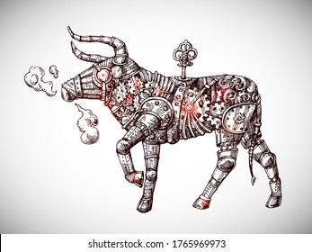 Mechanical bull. Hand drawn vector steampunk animal. Symbol of 2021 eyar. 
