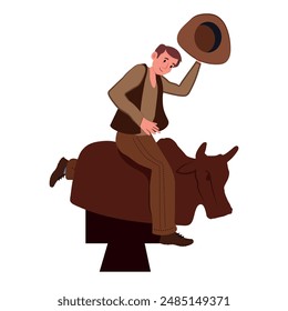 mechanical bull, man having fun riding a mechanical bull. vector illustration