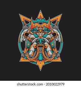 The Mechanical Bulldog illustration in steampunk robot style with pentagram