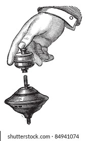 Mechanical Buzzing Top (bottom), spun by pushing an auger (top), vintage engraved illustration. Trousset encyclopedia (1886 - 1891).