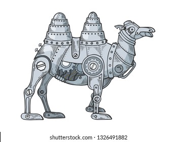 Mechanical camel animal color sketch engraving vector illustration. Scratch board style imitation. Black and white hand drawn image.