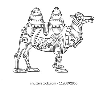 Mechanical camel animal engraving vector illustration. Scratch board style imitation. Black and white hand drawn image.