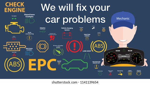 Mechanical car problems fix solutions-Car dashboard,dtc codes,error message,check engine,fault, dashboard vector illustration,gas level,air suspension,collection,warnings.