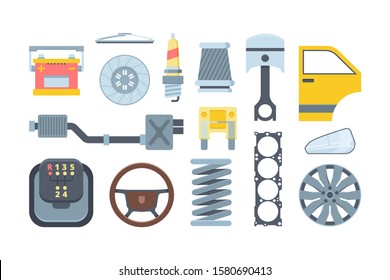 Mechanical car spare parts flat illustrations set. Auto components collection. Headlamp, wheel cover, battery. Automotive assembly. Mechanic repair equipment isolated on white background