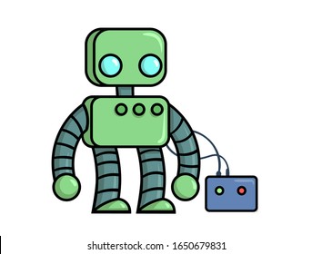 Mechanical cartoon robot charging battery. Cartoon flat vector illustration. Isolated on white background.