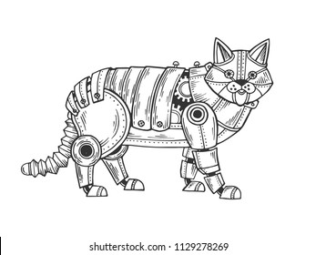 Mechanical cat animal engraving vector illustration. Scratch board style imitation. Black and white hand drawn image.