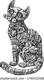 Mechanical cat. Hand drawn vector illustration. Steampunk style.