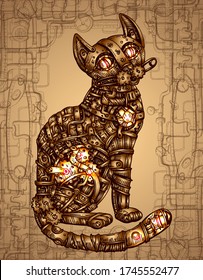 Mechanical cat. Hand drawn vector illustration. Steampunk style.