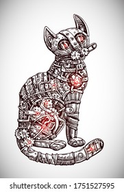 Mechanical cat. Hand drawn vector illustration. Steampunk style.