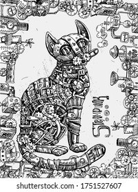 Mechanical cat. Hand drawn vector illustration. Steampunk style.