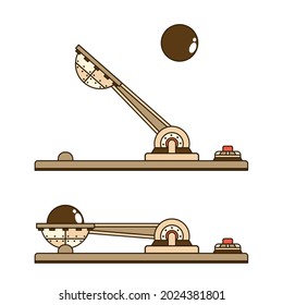 Mechanisches Katapult wirft Kanonenkugel. Steampunk-Katapult aus Metall mit Knopfdruck. Vektorgrafik.