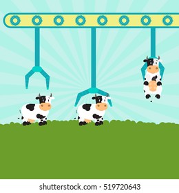 Mechanical cattle and farm. Machine (conveyor) with grippers carrying cows in the pasture. Serial production. Concept.