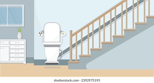 Ascensor mecánico de sillas que lleva a la gente por las escaleras, escalera, telesilla, homelift, ilustración vectorial.