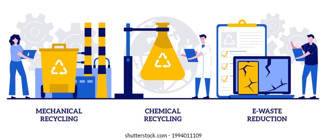 Mechanical and chemical recycling, e-waste reduction concept with tiny people. Industrial waste management vector illustration set. Processing for reuse, trash disposal and utilization metaphor.