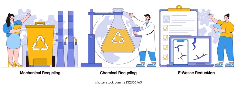 Mechanical And Chemical Recycling, E-waste Reduction Concepts With People Characters. Industrial Waste Management Illustration Pack. Processing For Reuse, Trash Disposal, And Utilization Metaphor.