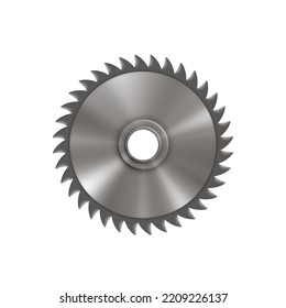 Hoja mecánica de sierra circular, artesanía de madera y construcción. Hoja redonda de metal, herramienta de carpintería, disco de acero cromado con dientes afilados. Ilustración vectorial realista