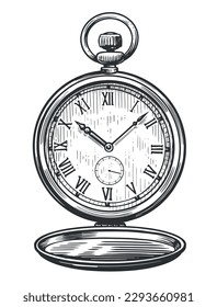 Mechanical classic pocket watch. Antique old clock. Vintage sketch vector illustration