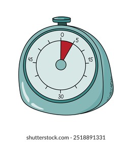 Temporizador clássico mecânico, cronômetro. Cronômetro de contagem regressiva estilo Doodle, medida de tempo. Equipamento de cozinha para cozinhar e enlatar. Ilustração de vetor desenhada à mão.