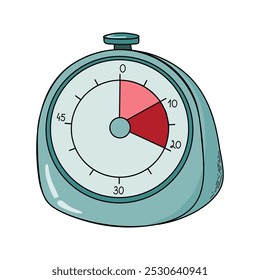 Temporizador clássico mecânico, cronômetro. Cronômetro de contagem regressiva estilo Doodle, medida de tempo. Equipamento de cozinha para cozinhar e enlatar. Desenhado à mão ilustração de vetor estilo cartoon.