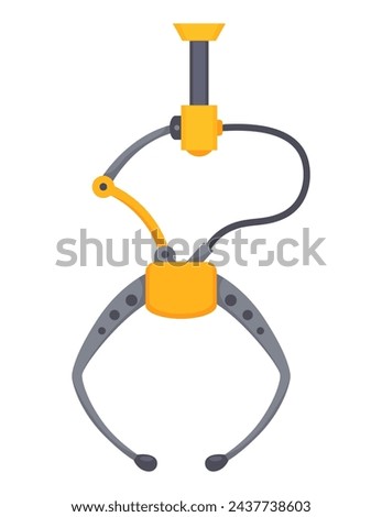 Mechanical claw gripper. Mechanical robotic grip. Arm arcade game hooks for prizes technological mechanisms for transfer goods. Grip robotic claw in factory. Vector illustration