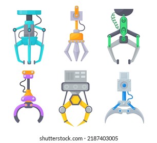 Mechanical claw toy. Grabbing machine tool robotic grabber or industrial factory crane robot metal arm grab cable machinery grip arcade game prize, cartoon neat vector illustration of robot crane