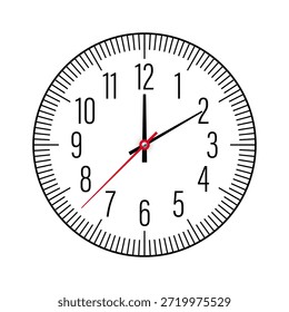 Reloj mecánico con números árabes, bisel. Reloj dial con marcas de minutos, horas y números. Temporizador o elemento de cronómetro. Escala circular de medición en blanco con divisiones. Ilustración vectorial