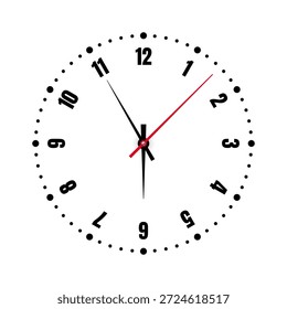 Reloj mecánico con números árabes, bisel. Reloj dial con marcas de minutos, horas y números. Temporizador o elemento de cronómetro. Escala circular de medición en blanco con divisiones. Ilustración vectorial