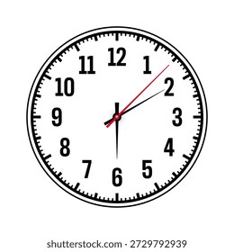 Face do relógio mecânico com algarismos arábicos, moldura. Assista discar com minutos, marcas de hora e números. Elemento de temporizador ou cronômetro. Escala de círculo de medição em branco com divisões. Ilustração vetorial