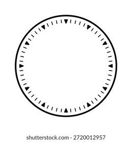 Face mecânica do relógio, tampa frontal. Assista a discagem com marcas de minutos e horas. Elemento de cronômetro ou cronômetro. Escala de círculo de medição em branco com divisões. Ilustração vetorial