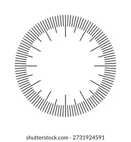 Rosto do relógio mecânico, moldura. Assista à discagem com marcas de minutos e horas. Elemento de temporizador ou cronômetro. Escala de círculo de medição em branco com divisões. Ilustração vetorial
