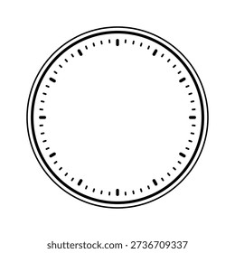 Mechanical clock face, bezel. Watch dial with minute and hour marks. Timer or stopwatch element. Blank measuring circle scale with divisions. Vector illustration