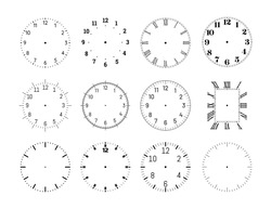 Mechanical Clock Face Dials Template Set. Classic Clocks And Watches With Arabic And Roman Numerals For Your Own Design Vector Illustration Isolated On White Background