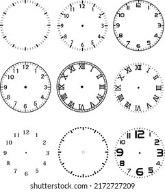 mechanical clock face dials template set on white background. watches with arabic and roman numerals sign. flat style.