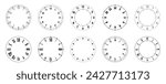 Mechanical clock face template. Circles of clock faces for time. Blank outline of watch