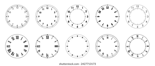 Plantilla de esfera de reloj mecánico. Círculos de esferas de reloj para el tiempo. Contorno en blanco del reloj