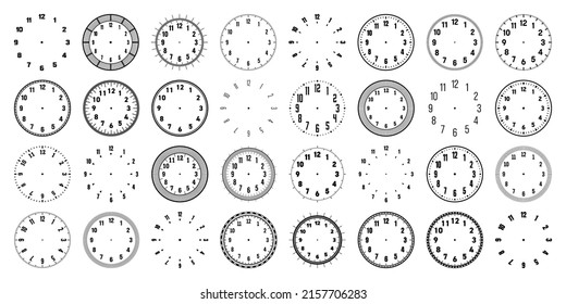 Mechanical clock faces with arabic numerals, bezel. Watch dial with minute, hour marks and numbers. Timer or stopwatch element. Blank measuring circle scale with divisions. Vector illustration