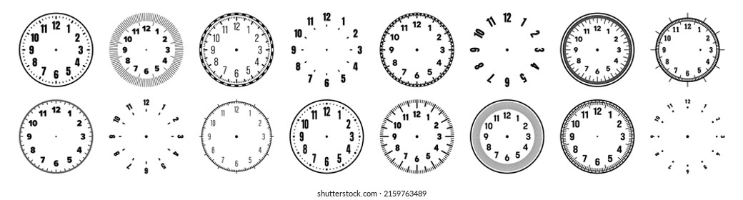 Mechanical clock faces with arabic numerals, bezel. Watch dial with minute, hour marks and numbers. Timer or stopwatch element. Blank measuring circle scale with divisions. Vector illustration