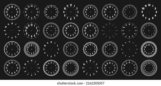 Mechanical clock faces with arabic numerals, bezel. White watch dial with minute, hour marks and numbers. Timer or stopwatch element. Blank measuring circle scale with divisions. Vector illustration