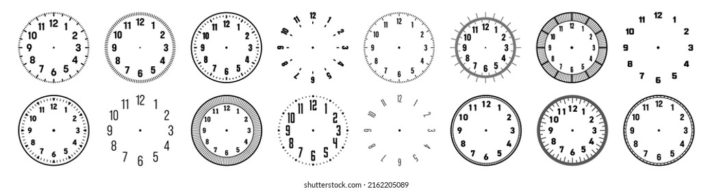 Mechanical clock faces with arabic numerals, bezel. Watch dial with minute, hour marks and numbers. Timer or stopwatch element. Blank measuring circle scale with divisions. Vector illustration