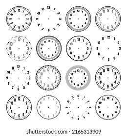 Mechanical clock faces with arabic numerals, bezel. Watch dial with minute, hour marks and numbers. Timer or stopwatch element. Blank measuring circle scale with divisions. Vector illustration