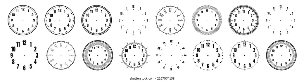 Mechanical clock faces with arabic numerals, bezel. Watch dial with minute, hour marks and numbers. Timer or stopwatch element. Blank measuring circle scale with divisions. Vector illustration