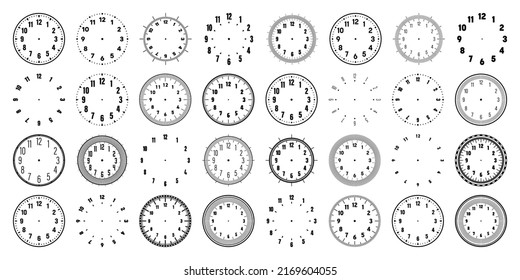 Mechanical clock faces with arabic numerals, bezel. Watch dial with minute, hour marks and numbers. Timer or stopwatch element. Blank measuring circle scale with divisions. Vector illustration