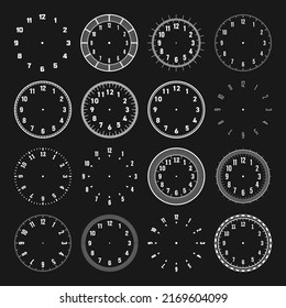 Mechanical clock faces with arabic numerals, bezel. White watch dial with minute, hour marks and numbers. Timer or stopwatch element. Blank measuring circle scale with divisions. Vector illustration