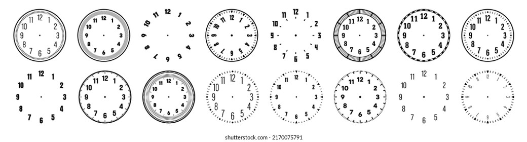 Mechanical clock faces with arabic numerals, bezel. Watch dial with minute, hour marks and numbers. Timer or stopwatch element. Blank measuring circle scale with divisions. Vector illustration