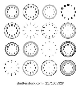 Mechanical clock faces with arabic numerals, bezel. Watch dial with minute, hour marks and numbers. Timer or stopwatch element. Blank measuring circle scale with divisions. Vector illustration