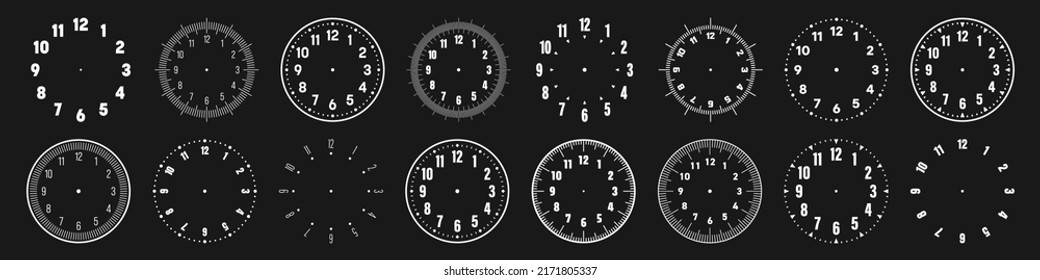 Mechanical clock faces with arabic numerals, bezel. White watch dial with minute, hour marks and numbers. Timer or stopwatch element. Blank measuring circle scale with divisions. Vector illustration