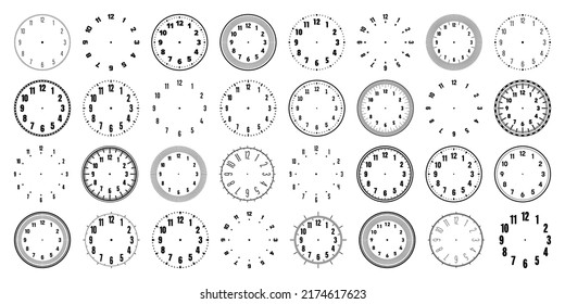 Mechanical clock faces with arabic numerals, bezel. Watch dial with minute, hour marks and numbers. Timer or stopwatch element. Blank measuring circle scale with divisions. Vector illustration