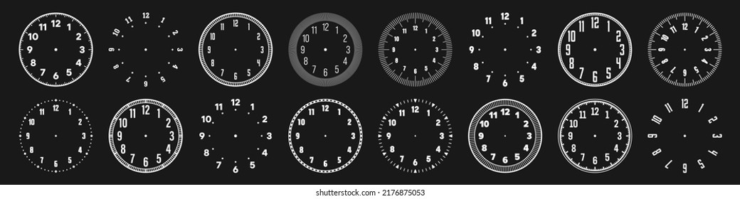 Mechanical clock faces with arabic numerals, bezel. White watch dial with minute, hour marks and numbers. Timer or stopwatch element. Blank measuring circle scale with divisions. Vector illustration