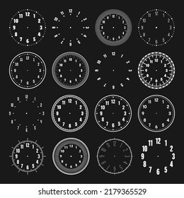 Mechanical clock faces with arabic numerals, bezel. White watch dial with minute, hour marks and numbers. Timer or stopwatch element. Blank measuring circle scale with divisions. Vector illustration